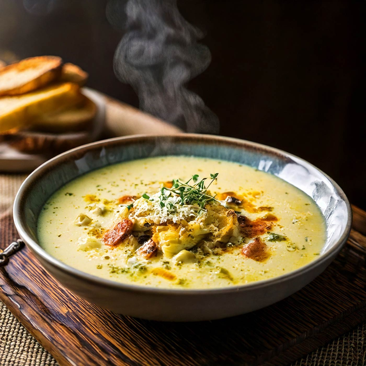 Warme Suppe mit Brot, Kräutern und Käse in einer Schüssel auf Holzbrett
