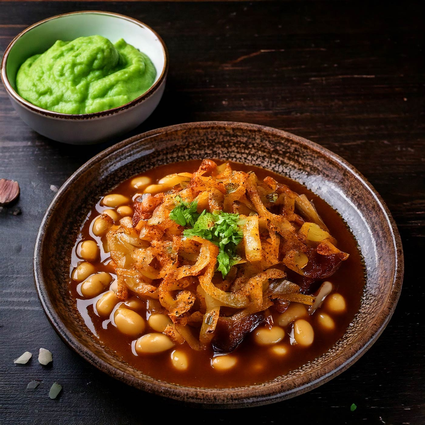 Teller mit Bohnen, Zwiebeln und Erbsenpüree, rustikal angerichtet.