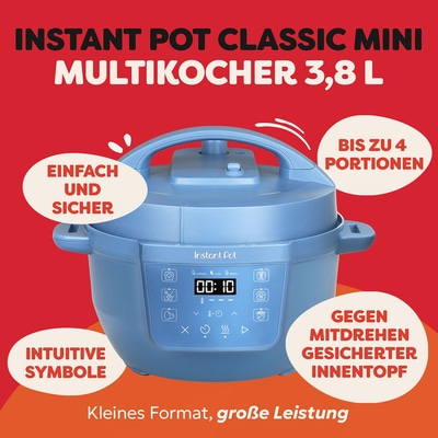 Instant Pot Multikocher, blau, mit intuitiven Symbolen, bis zu 4 Portionen, einfach und sicher.