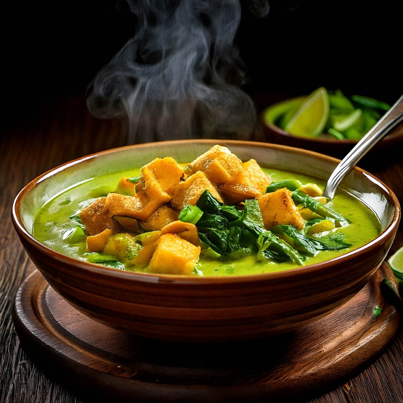 Grünes Curry mit Tofu und Gemüse, dampfend, in einer Schüssel serviert