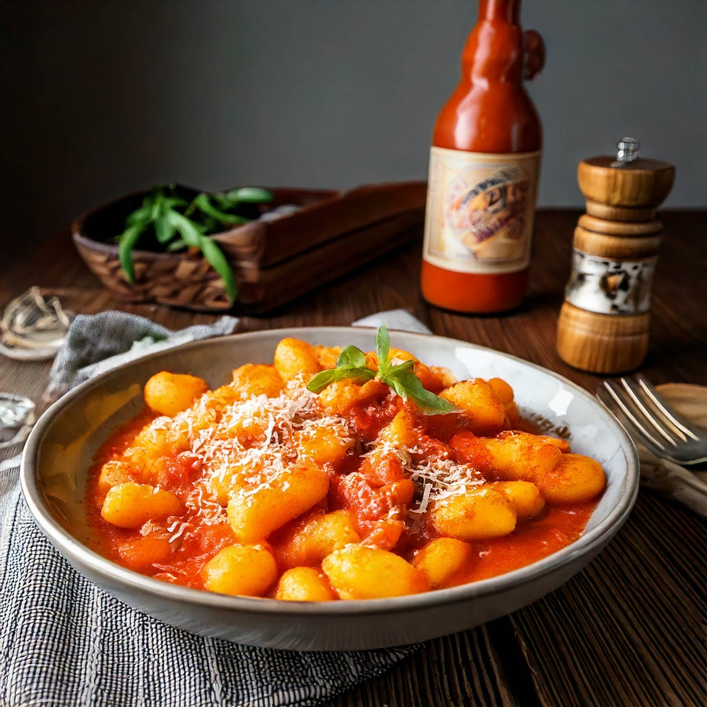 Gnocchi mit Tomatensauce und Parmesan, serviert in einer Schüssel, mit Basilikum.