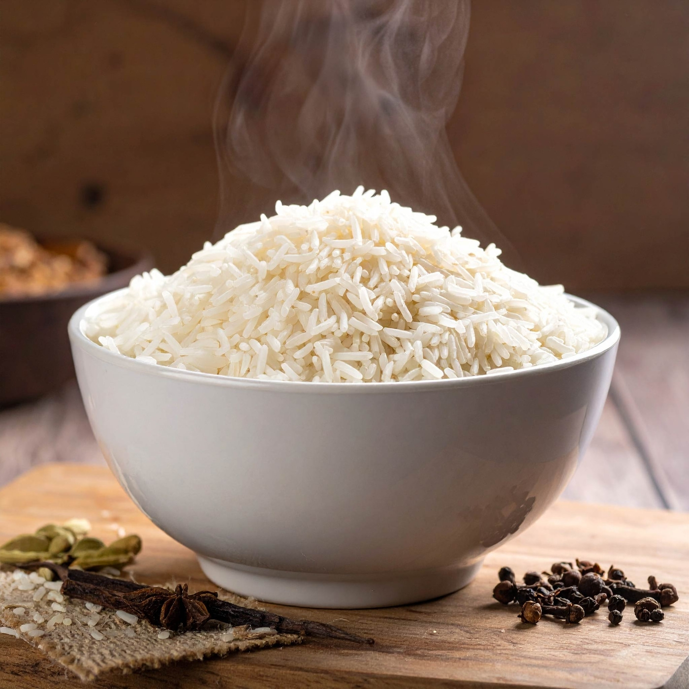 Eine Schüssel mit dampfendem Reis, Gewürzen und Holzbrett. Köstlich!