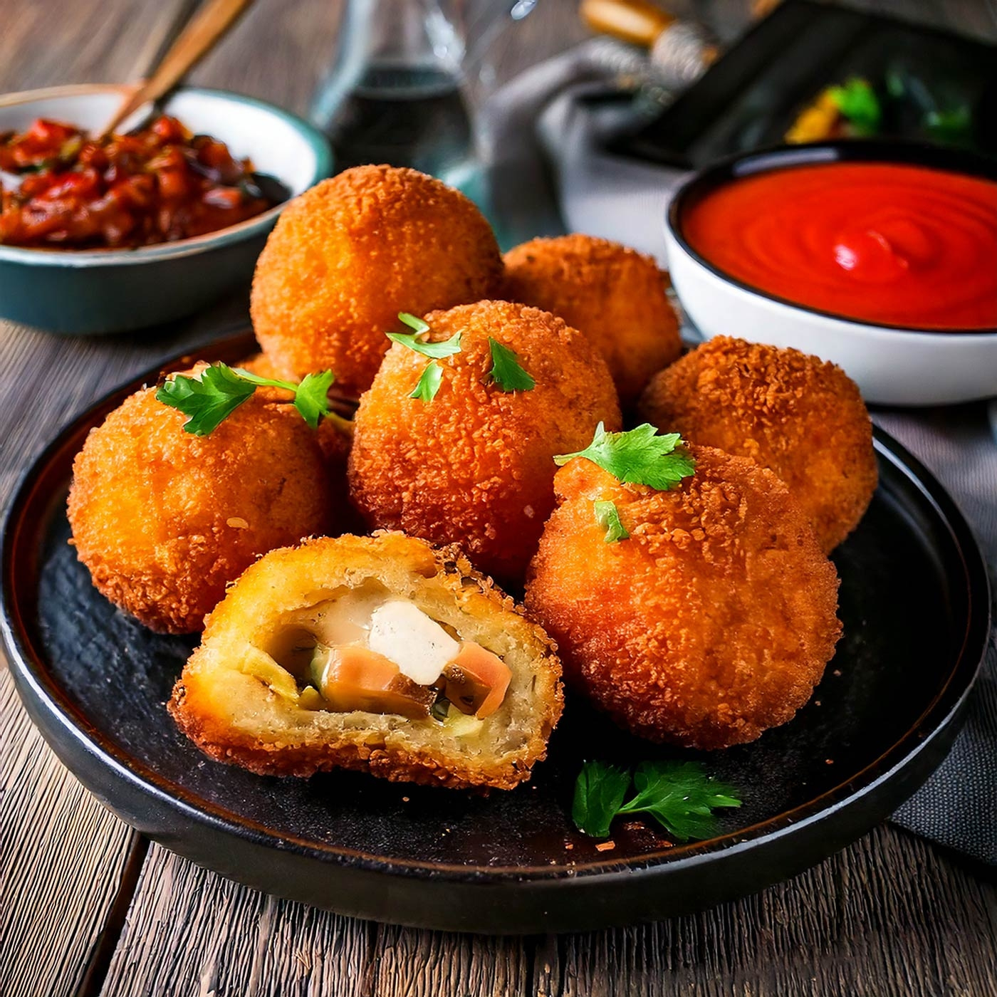 Gebratene Arancini auf einem Teller mit Tomatensauce und Dip-Sauce.