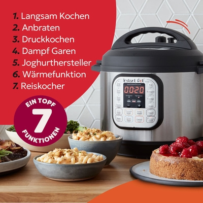 Instant Pot mit 7 Funktionen: Langsam Kochen, Anbraten, Druckkochen, Dampf Garen, Joghurthersteller, Wärmefunktion, Reiskocher.