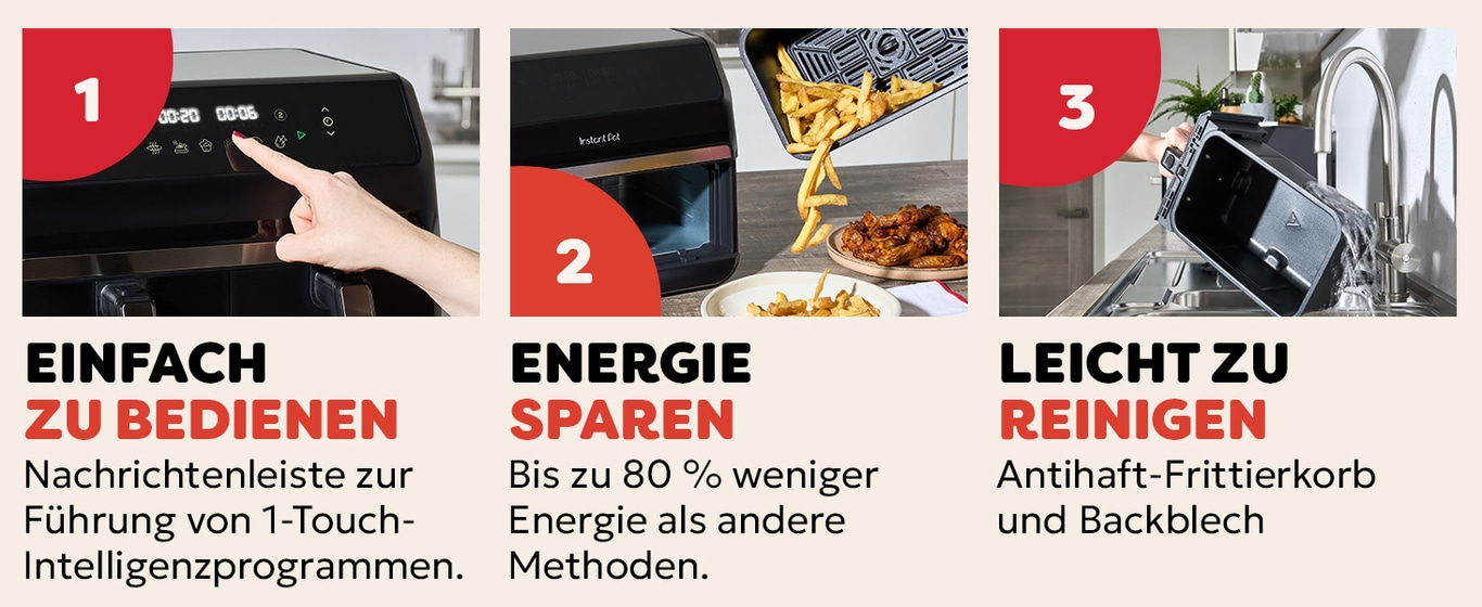 Airfryer: Einfach zu bedienen, energiesparend, leicht zu reinigen. 1-Touch-Programme.