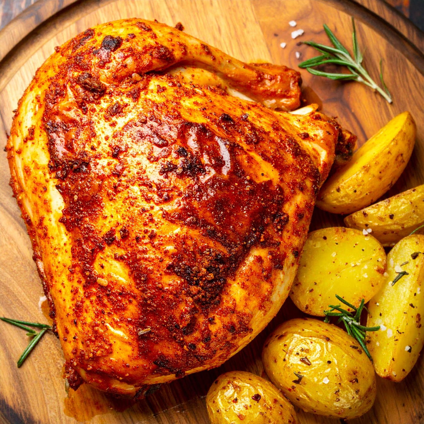 Gebratenes Hähnchen mit Kartoffeln und Rosmarin auf einem Holzbrett