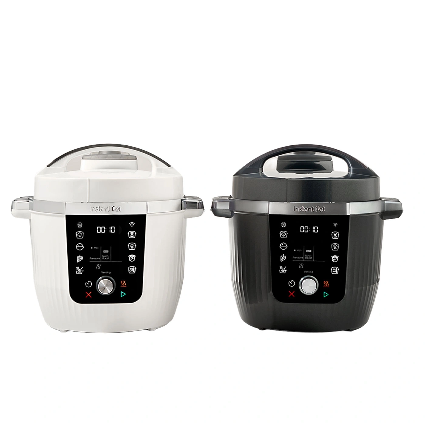 Zwei Instant Pots, weiß und schwarz, mit Bedienfeld