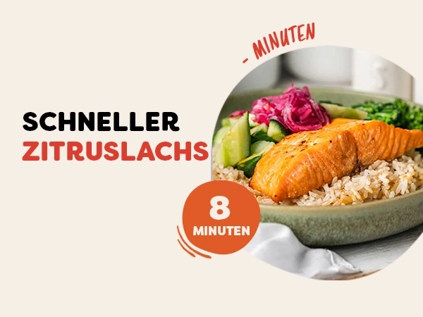 Schneller Zitruslachs mit Reis und Gemüse in 8 Minuten