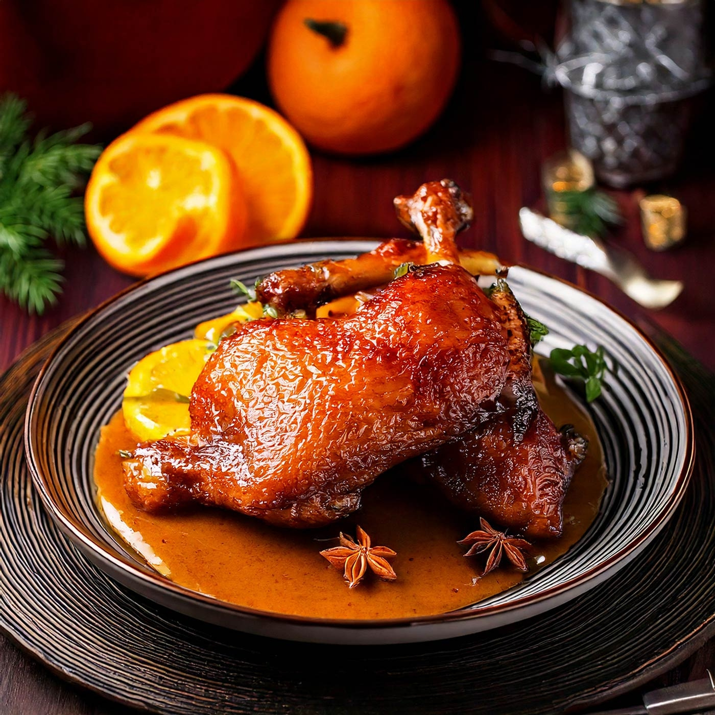 Gebratene Ente mit Orangensauce, Sternanis und Orangenscheiben auf einem Teller