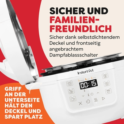Instant Pot mit Text: Sicher und familienfreundlich, Griff hält Deckel.
