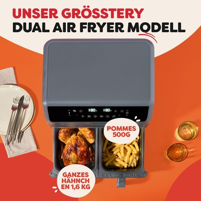 Dual Air Fryer Modell mit Hähnchen und Pommes, 1,6 kg und 500g.