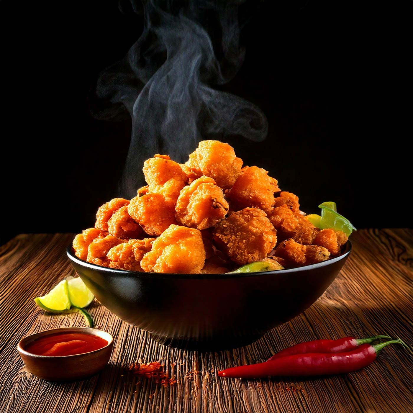 Knusprige Hähnchenstücke in einer Schüssel mit Chili und Limette auf Holz