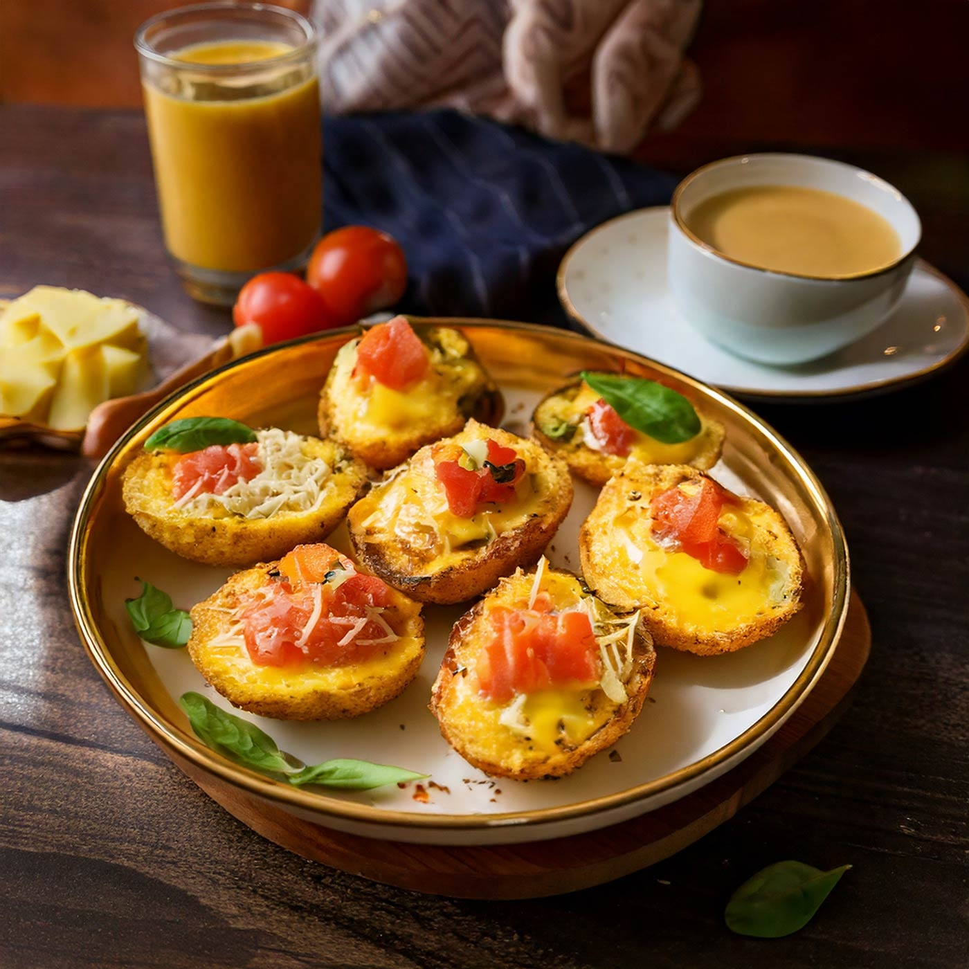 Teller mit Bruschetta, Saft, Tomaten, Käse und einer Tasse Kaffee