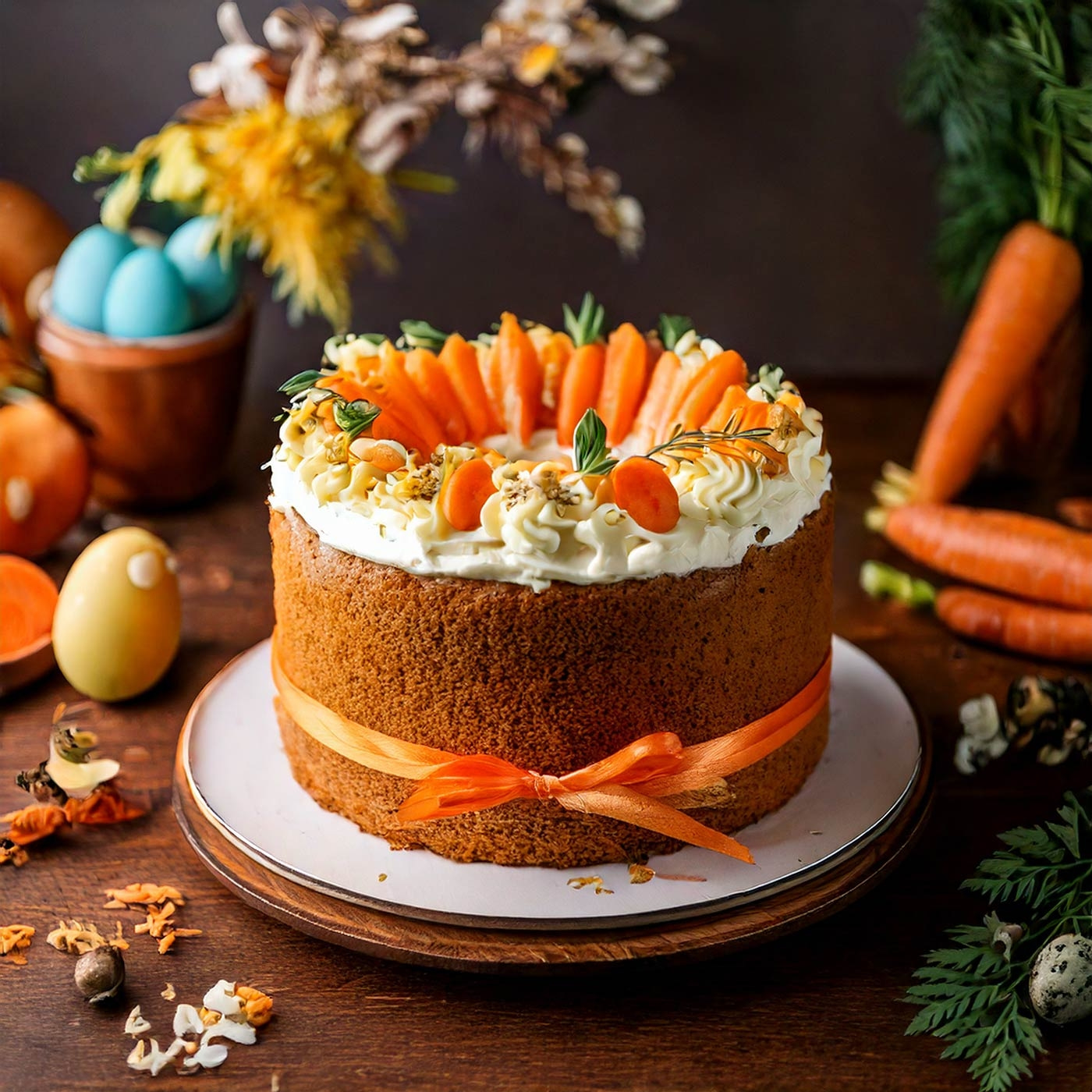 Karottenkuchen mit Dekoration, Ostern, Nahaufnahme, Holzuntergrund, lecker