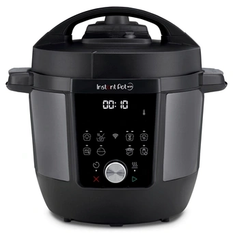 Schwarzer Instant Pot mit digitalem Display und Bedienelementen für verschiedene Kochmodi.