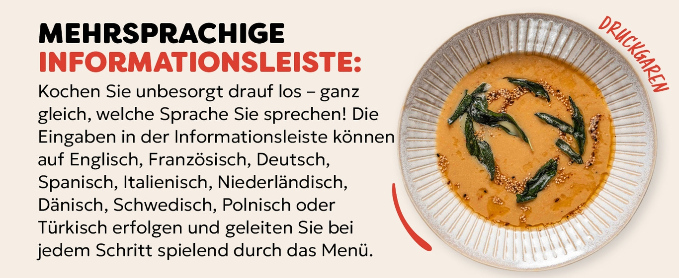 Mehrsprachige Informationsleiste: Kochen in verschiedenen Sprachen.