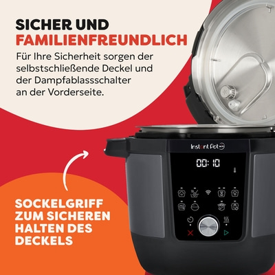 Instant Pot, sicher und familienfreundlich, mit Deckel und Dampfablassschalter.