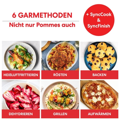 6 Garmethoden: Heißluftfrittieren, Rösten, Backen, Dehydrieren, Grillen, Aufwärmen. Plus SyncCook & SyncFinish.