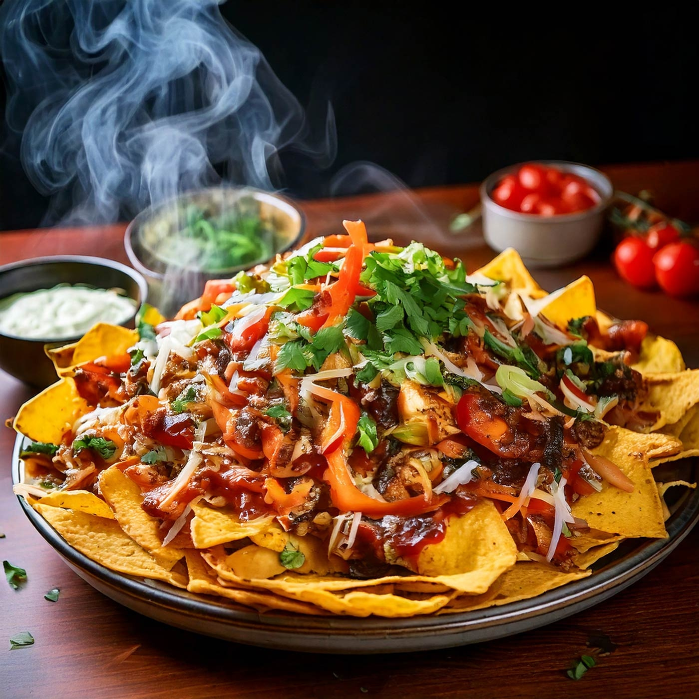 Köstliche Nachos mit Gemüse, Soße und Käse, dampfend serviert.