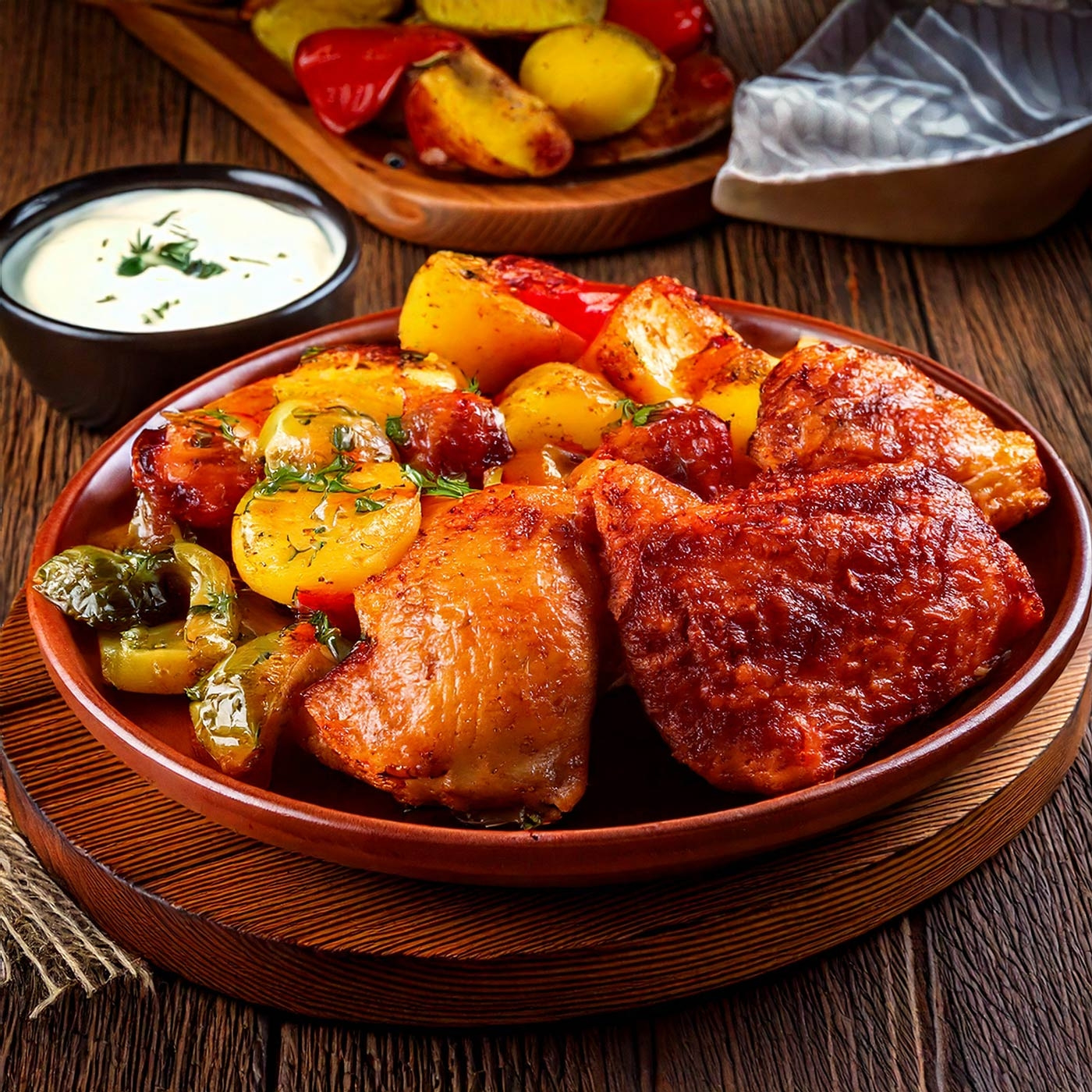 Gebratenes Hähnchen mit Gemüse und Sauce auf einem Teller, rustikal