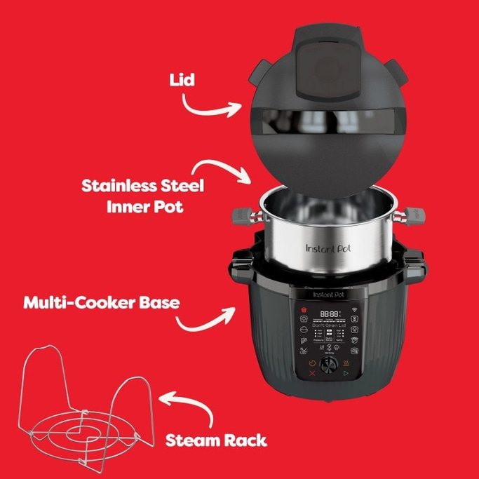 Instant Pot, zerlegt, mit Deckel, Topf, Basis und Dampfgestell. Kochen leicht gemacht.