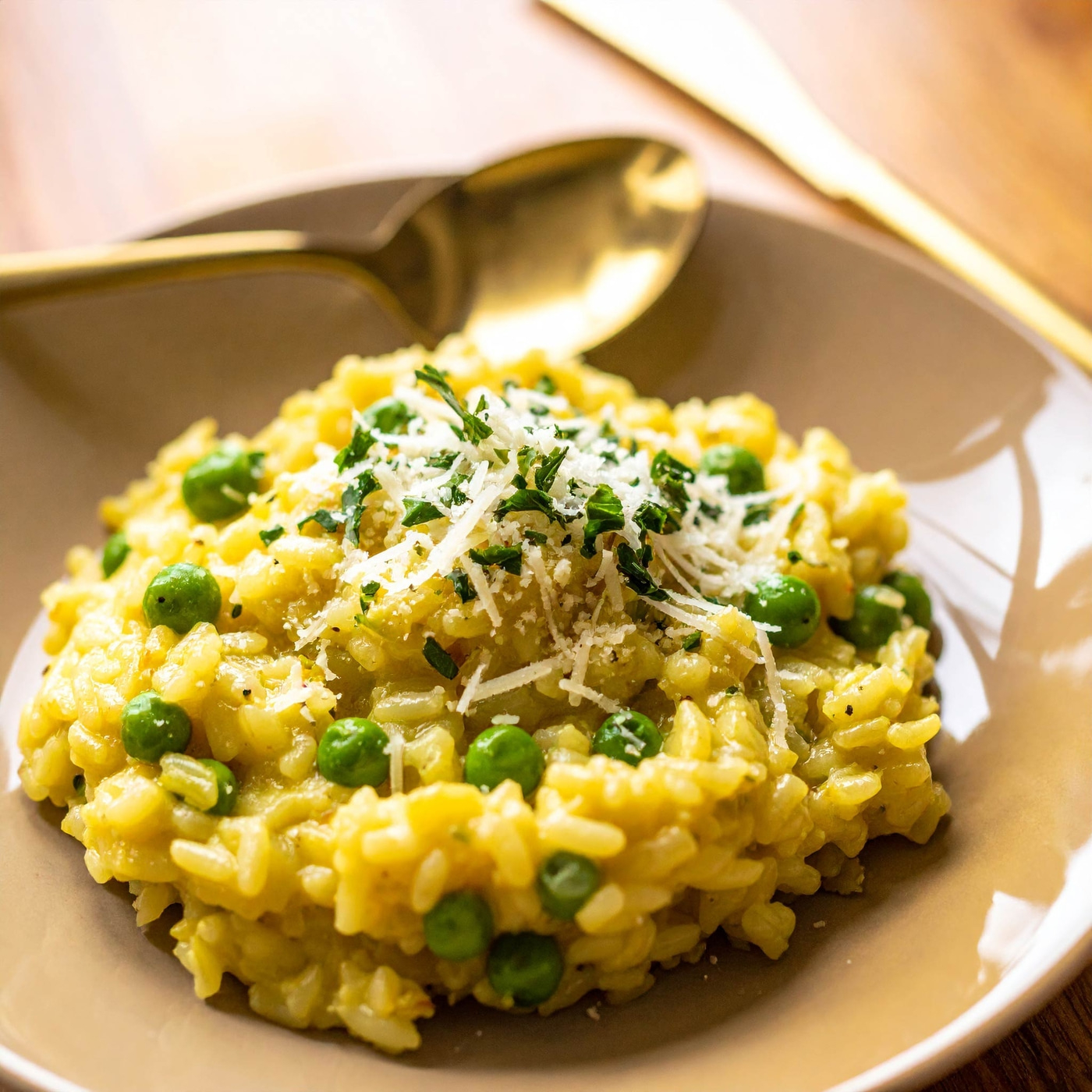Risotto mit Erbsen und Käse auf einem Teller mit Besteck auf einem Holztisch