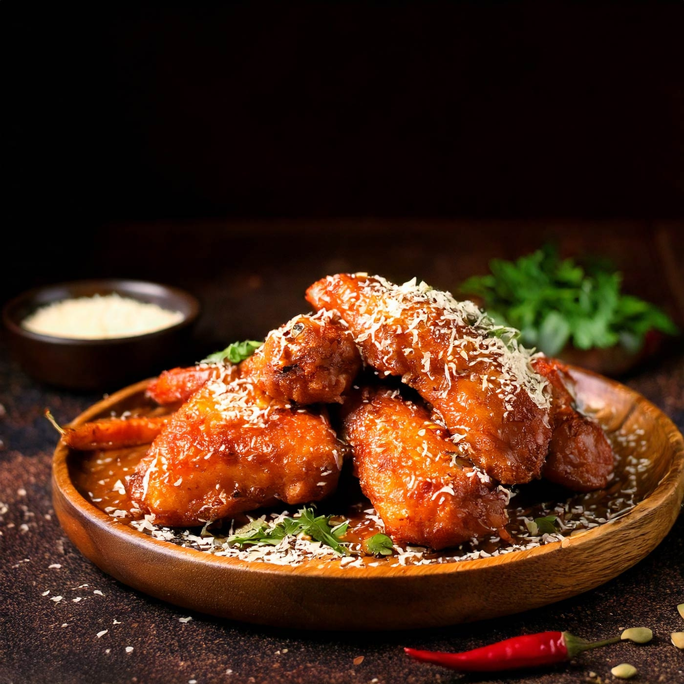 Gebratene Hähnchenflügel auf einem Holzbrett mit Käse und Chili.