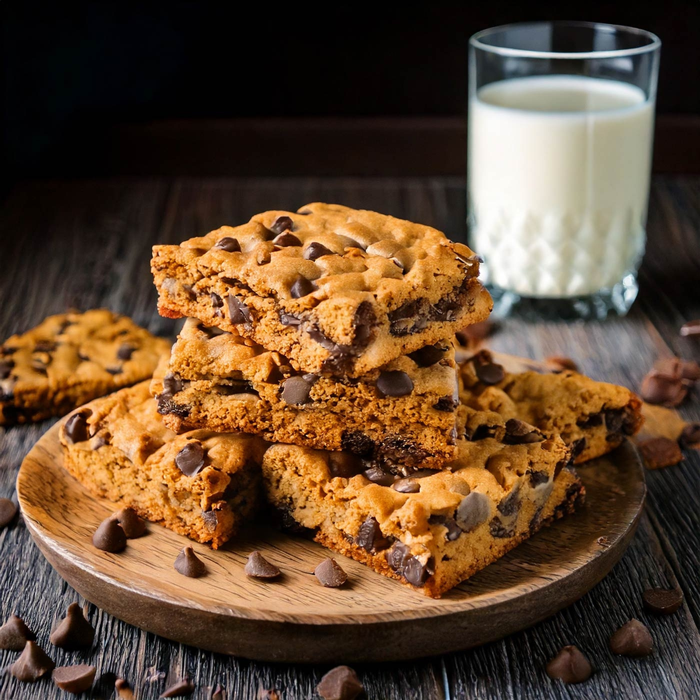 Schokoladen-Chip-Kekse auf einem Holzbrett mit einem Glas Milch