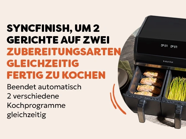Airfryer mit SyncFinish-Funktion für zwei Gerichte gleichzeitig fertig zu kochen.