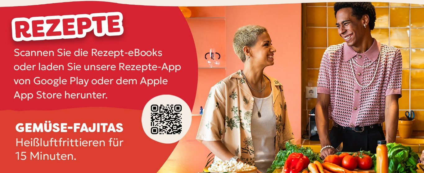 Werbung für Rezepte mit Gemüse-Fajitas, App-Download und QR-Code.