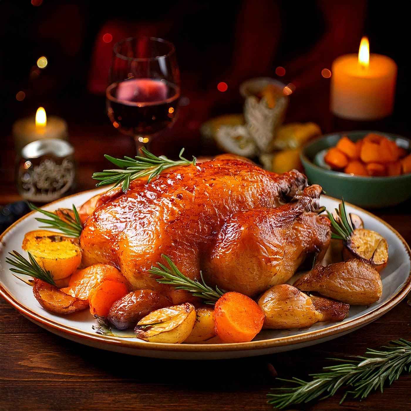 Gebratenes Hähnchen mit Gemüse, Kerzen und Wein auf einem Holztisch