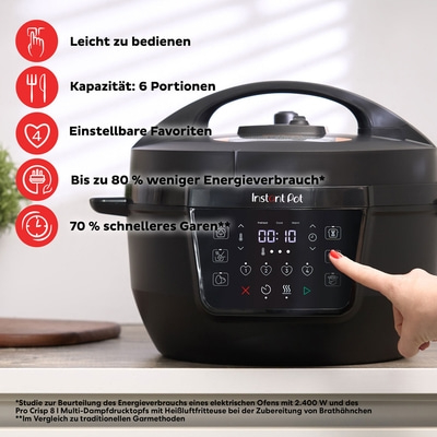 Instant Pot mit Funktionen: leicht zu bedienen, 6 Portionen, Favoriten, Energieeffizienz.