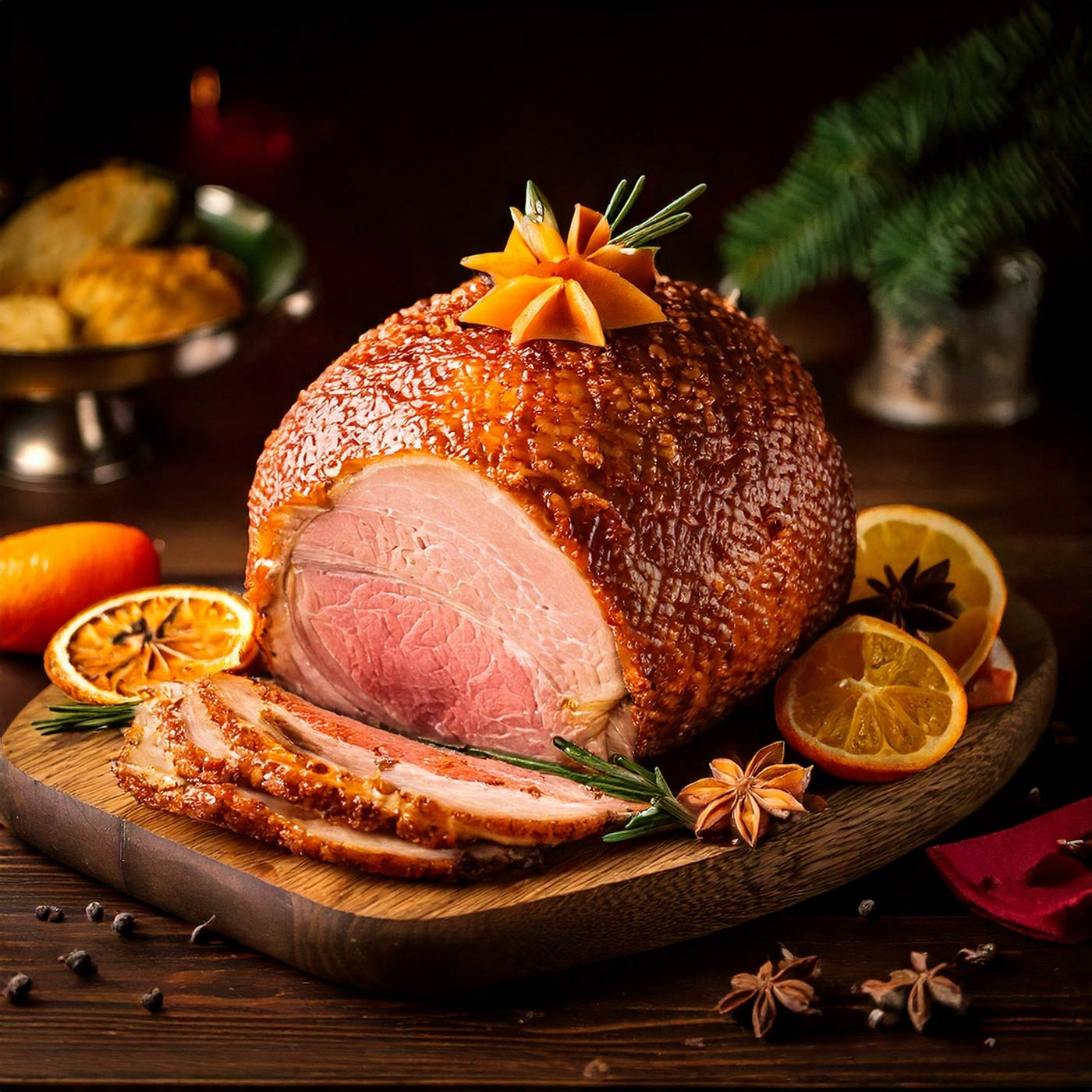 Gebratener Schinken mit Orangenscheiben und Sternanis auf Holzbrett