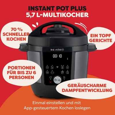 Instant Pot Plus Multikocher mit 70% schnellerem Kochen und App-Steuerung.