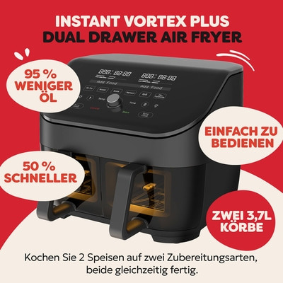 Instant Vortex Plus Dual Drawer Air Fryer mit 95% weniger Öl und 50% schneller.