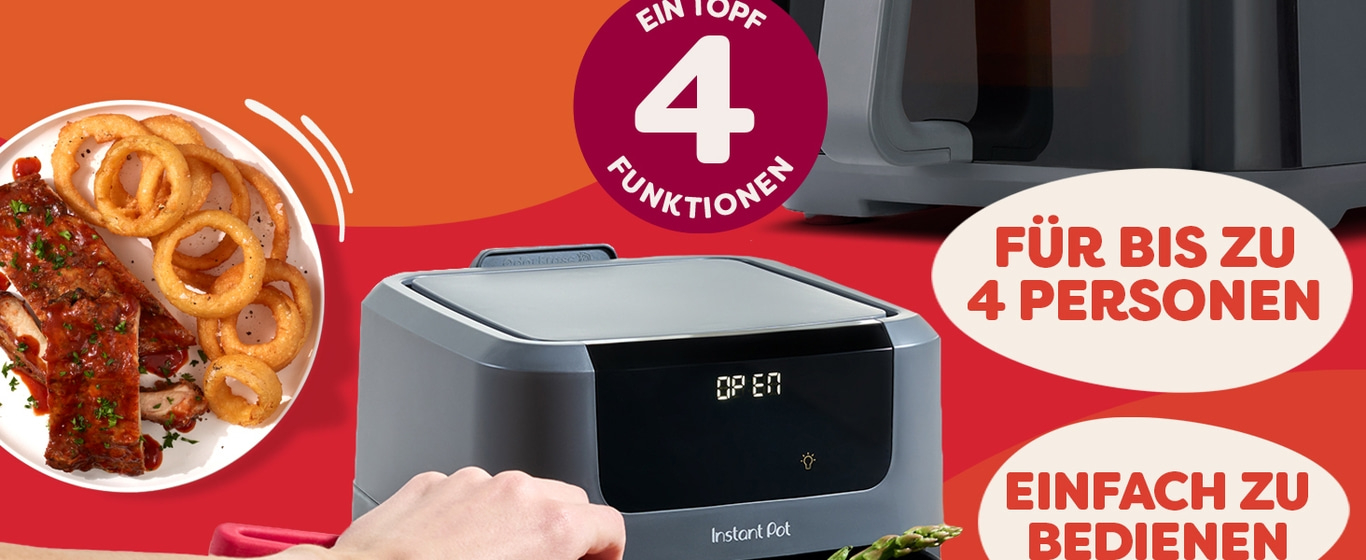 Instant Pot mit 4 Funktionen, für bis zu 4 Personen, einfach zu bedienen.