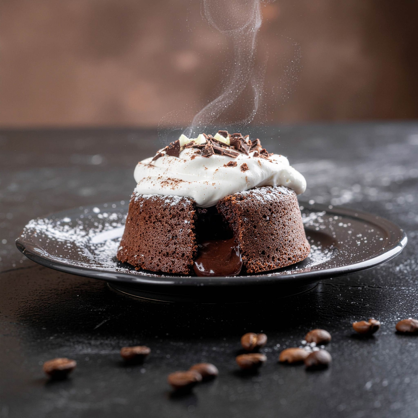 Schokoladenkuchen mit Sahne und Schokoladenstückchen auf einem Teller mit Kaffeebohnen