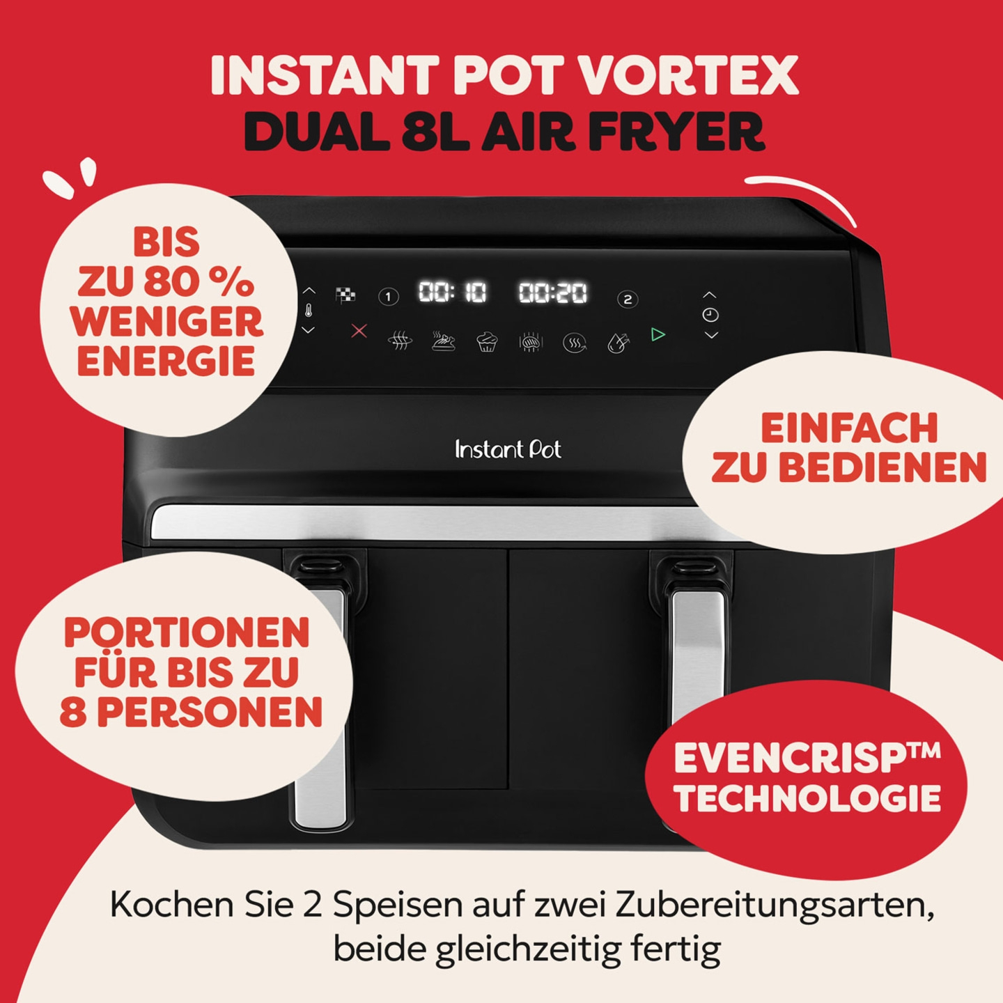Instant Pot Vortex Dual Drawer Schwarz Heißluftfritteuse 8L
